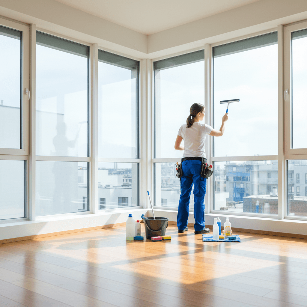 Professional performing move-in cleaning on windows and frames of empty residential property