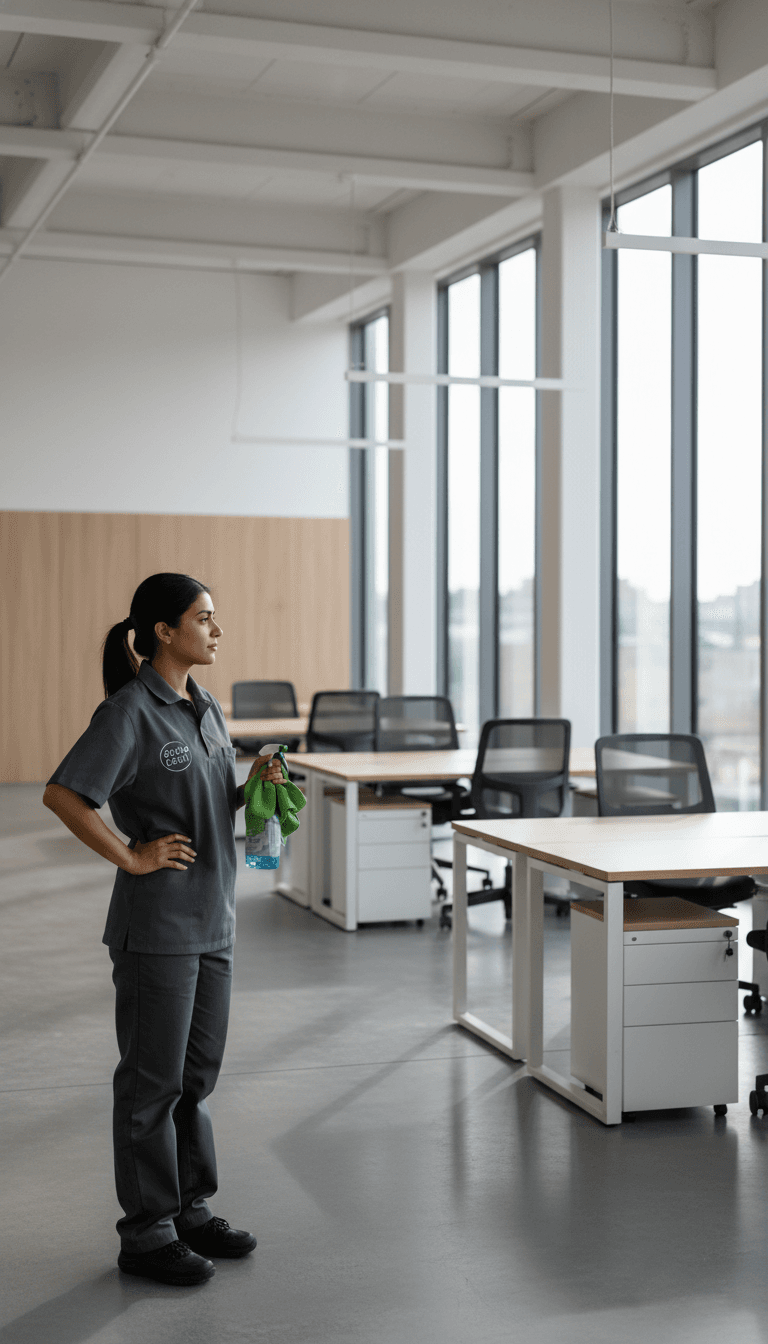 Professional cleaner preparing an office space for service