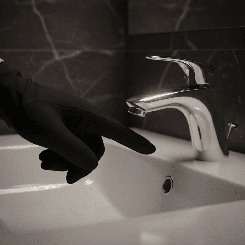 Cleaner performing detailed quality inspection of polished bathroom fixtures