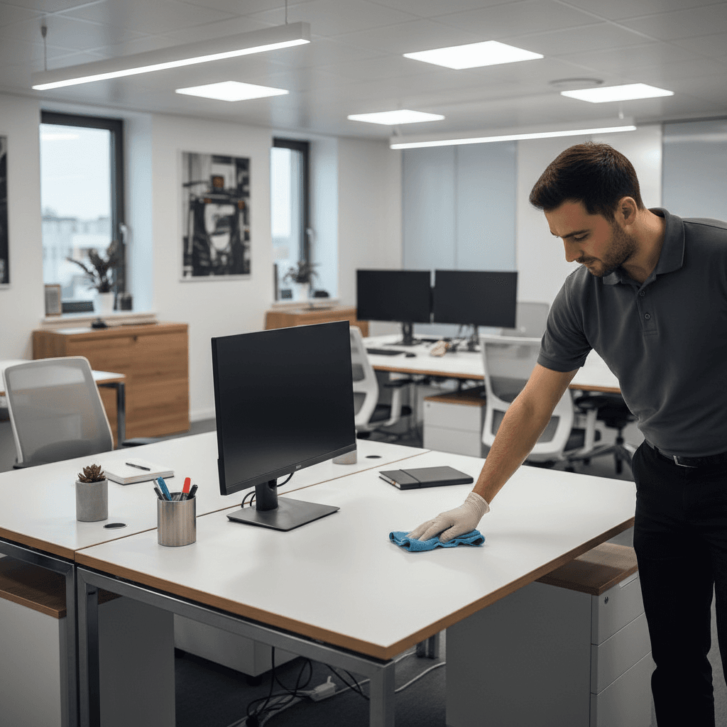 Commercial cleaner sanitizing and organizing a modern office desk workspace