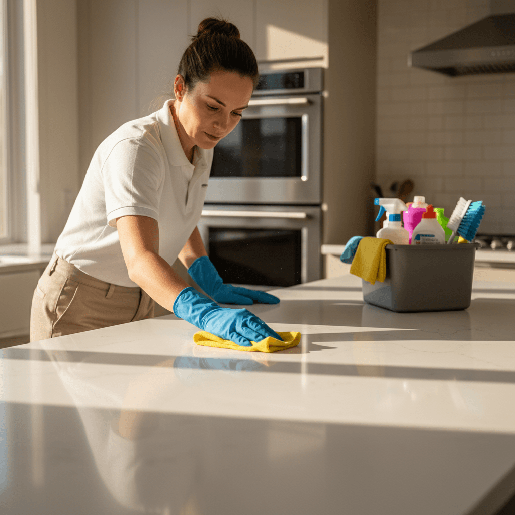 Professional cleaner performing residential deep cleaning on kitchen surfaces