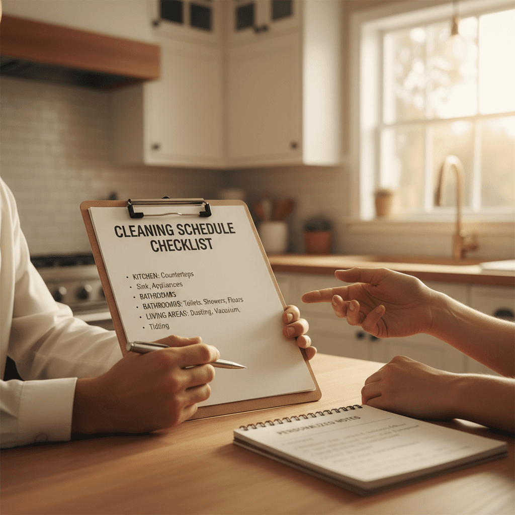 Client and cleaner discussing customized cleaning plan and service options