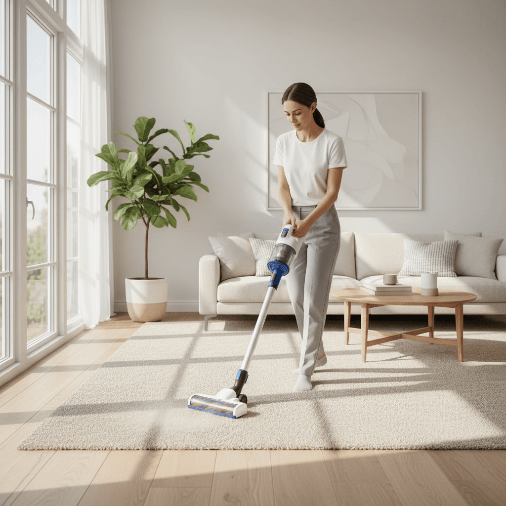 Professional housekeeper performing regular maintenance cleaning in a residential living room