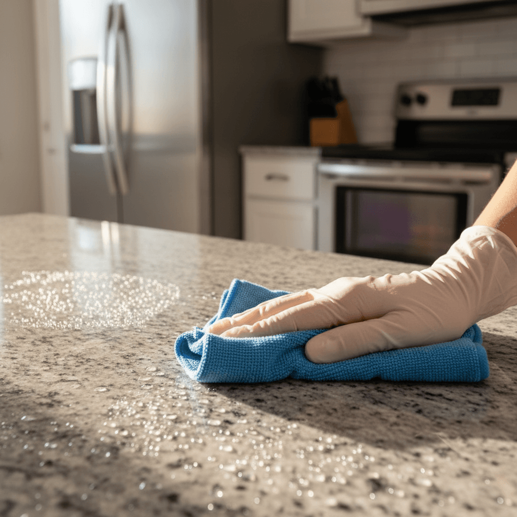 Hands cleaning a kitchen countertop with attention to detail