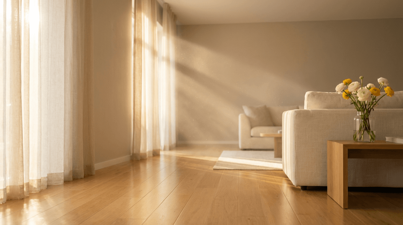 Bright, clean residential living room after professional cleaning service