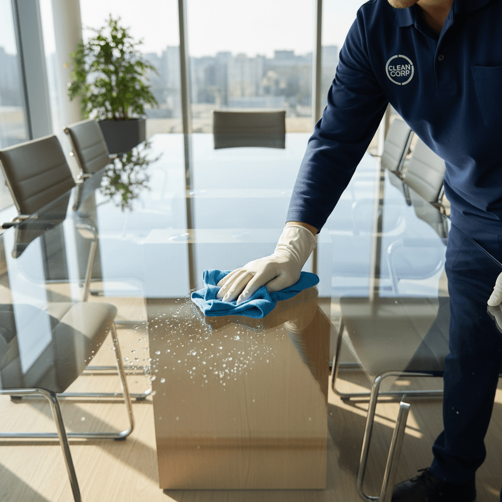 Professional cleaner maintaining an office workspace