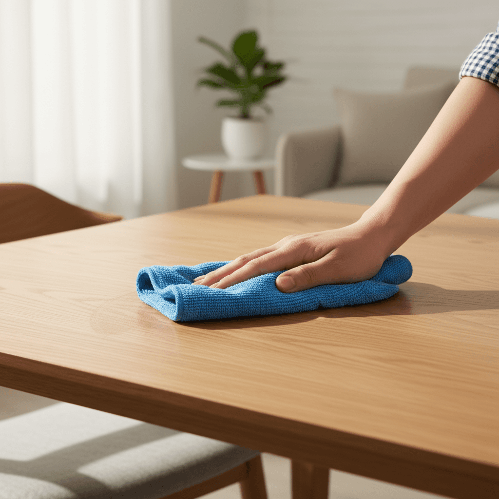 Hands wiping a polished surface with microfiber cloth