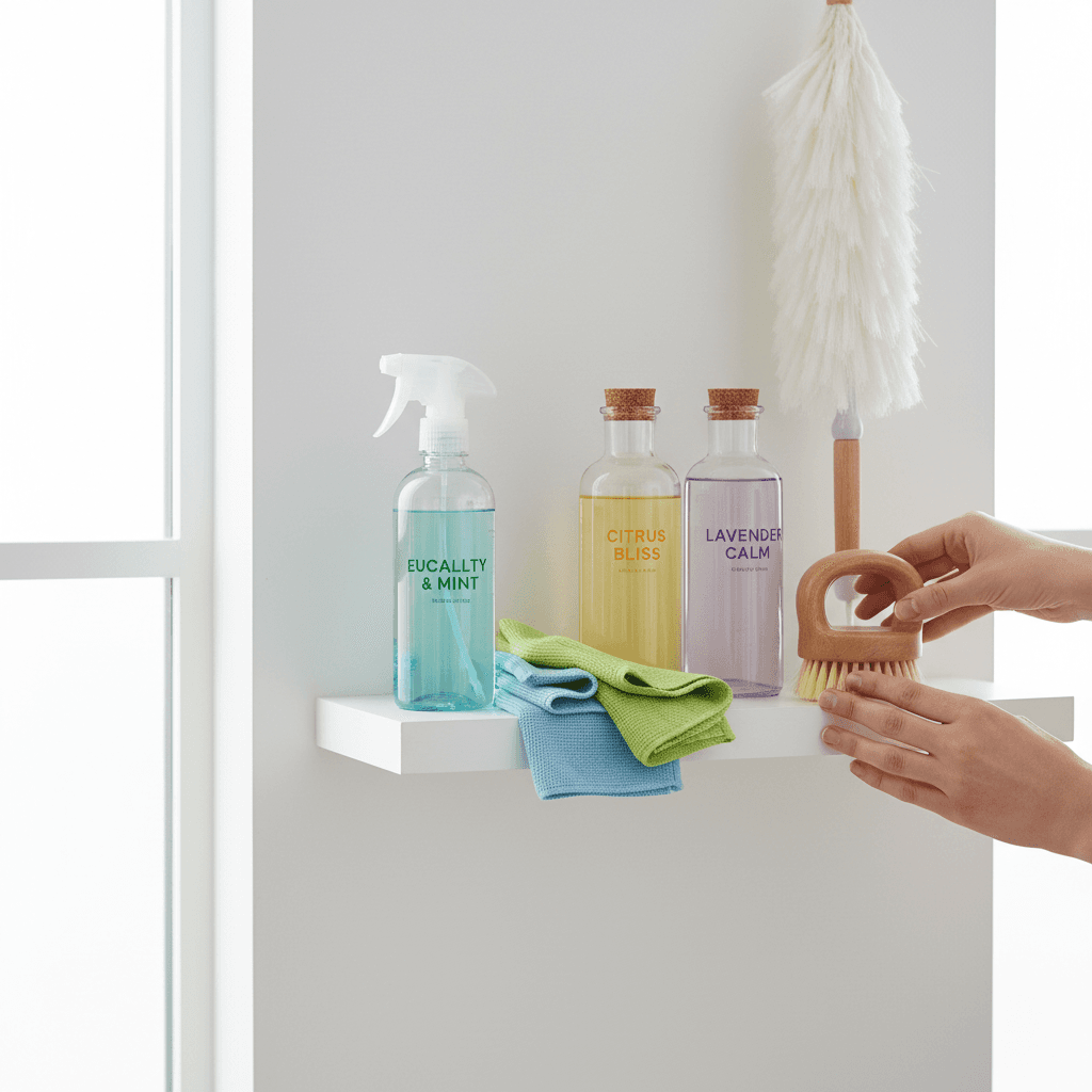 Organized cleaning supplies on white counter
