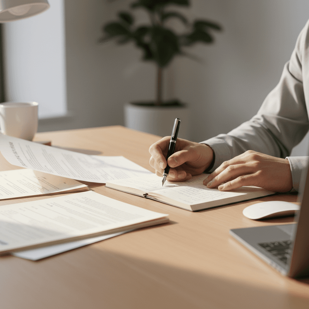 Hands carefully cleaning a wooden office desk with microfiber cloth