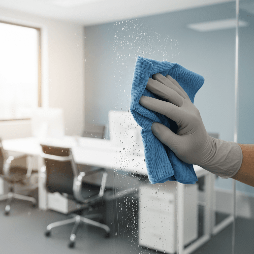 Professional cleaning window in office space